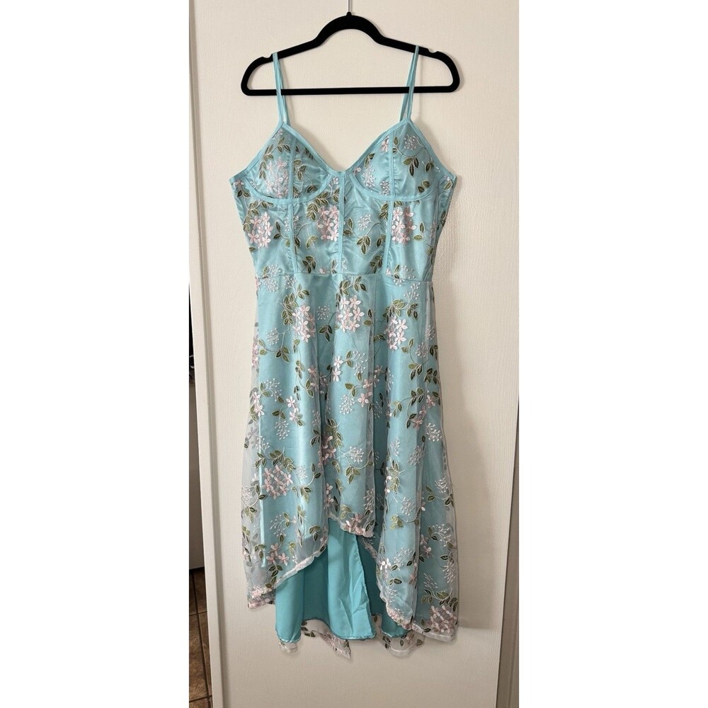 Women’s 3XL Blue Floral Embroidered Mesh Corset High Low Midi Dress